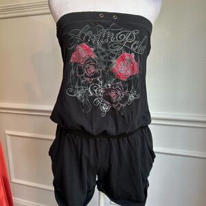 South Pole Black Strapless Romper with Floral Accents with Rhinestones. Size XL